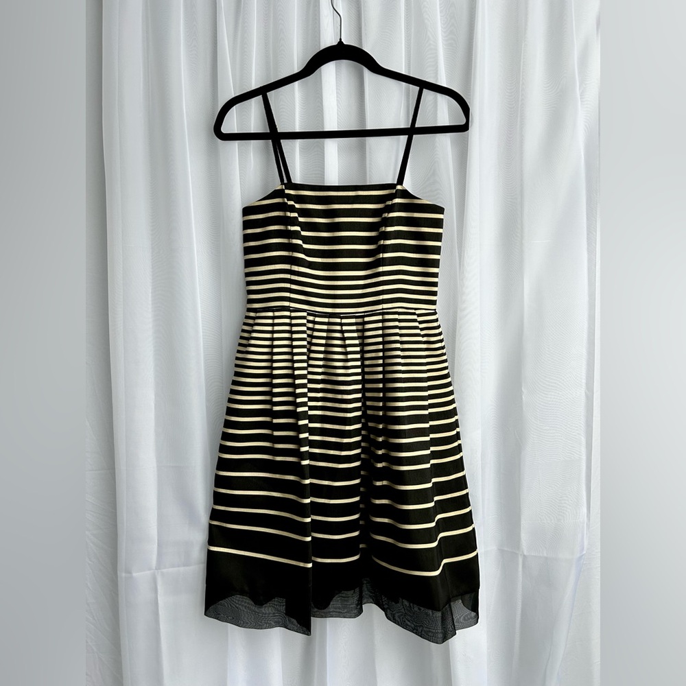 Taylor - Striped Black & Cream Dress with Pockets, Adjustable Straps, & Slip